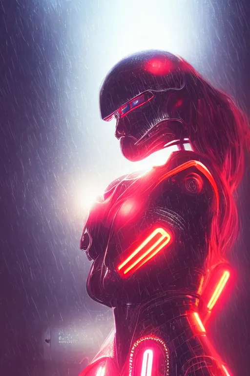 Image similar to portrait of evilly and strong stunning futuristic knights of Zodiac girl, black and red copper armor, in futuristic heavily raindrop tokyo rooftop cyberpunk night, ssci-fi, fantasy, intricate, very very beautiful, elegant, neon light, highly detailed, digital painting, artstation, concept art, human anatomy, soft light, hdri, smooth, sharp focus, illustration, art by tian zi and craig mullins and WLOP and alphonse mucha