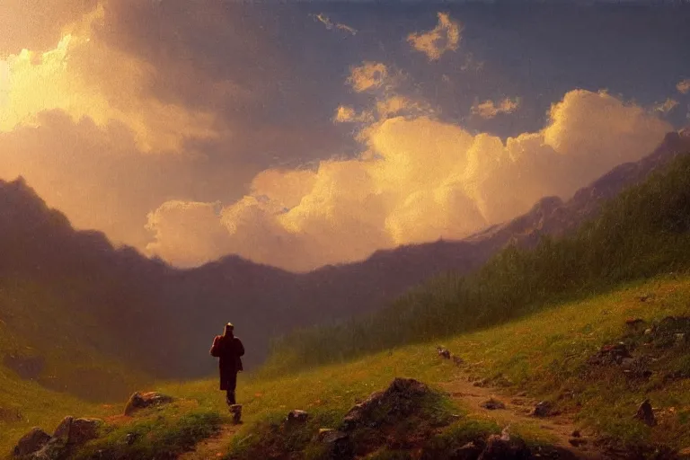 Image similar to a traveler wandering trough the mountains looking at the clouds, very detailed, oil painting, cinematic lighting, albert bierstadt, trending on artstation, colorful, canvas, sunset, theodor kittelsen, hans dahl