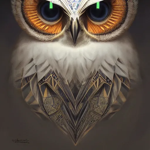 Prompt: portrait of a geometric owl, identical eyes, medium shot, illustration, full body made of white feathers, symmetrical, art stand, super detailed, cinematic lighting, and its detailed and intricate, 4 k, gorgeous, by peter mohrbacher - h 7 0 4 - c 1 3. 0 - n 9