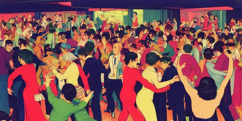 Prompt: a crowd of people dancing underneath a disco ball, risograph by ernie barnes, kawase hasui, rex goreleigh, edward hopper, satoshi kon and moebius,, no text!, colorful flat surreal design, super - detailed, a lot of tiny details, fullshot