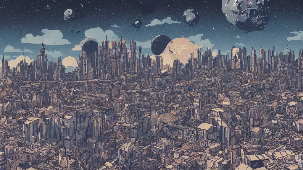 Image similar to very detailed, prophet graphic novel, ilya kuvshinov, mcbess, rutkowski, simon roy, illustration of decrepit arcologies skyline dystopian megacity with space junk floating in the sky on a dead planet earth, wide shot, colorful, deep shadows, astrophotography