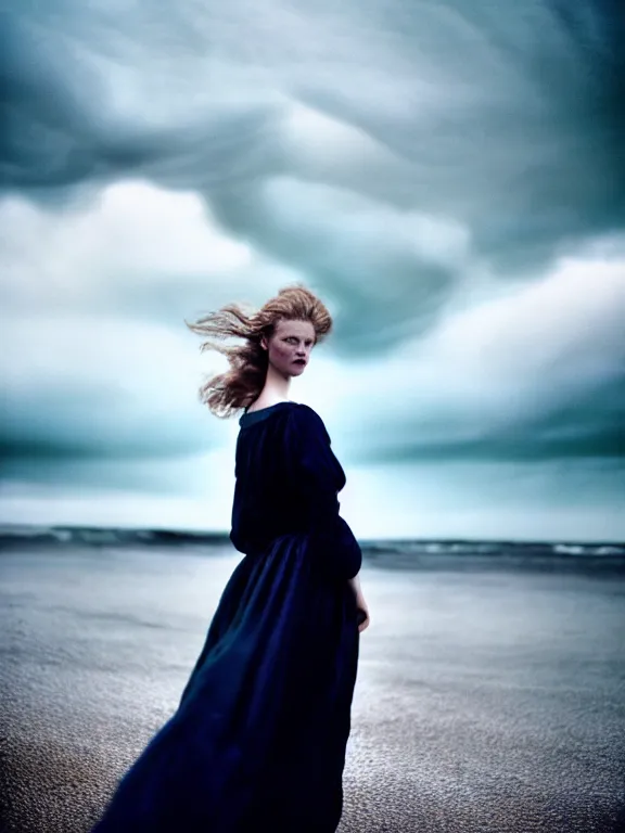 Image similar to cinestill 5 0 d photography of a woman britt marling 3 / 4 style of paolo roversi, dress in voile, hair like dark clouds floating on air, mute dramatic colours, soft blur outdoor stormy sea background, volumetric lighting, hyperdetailed, hyperrealistic