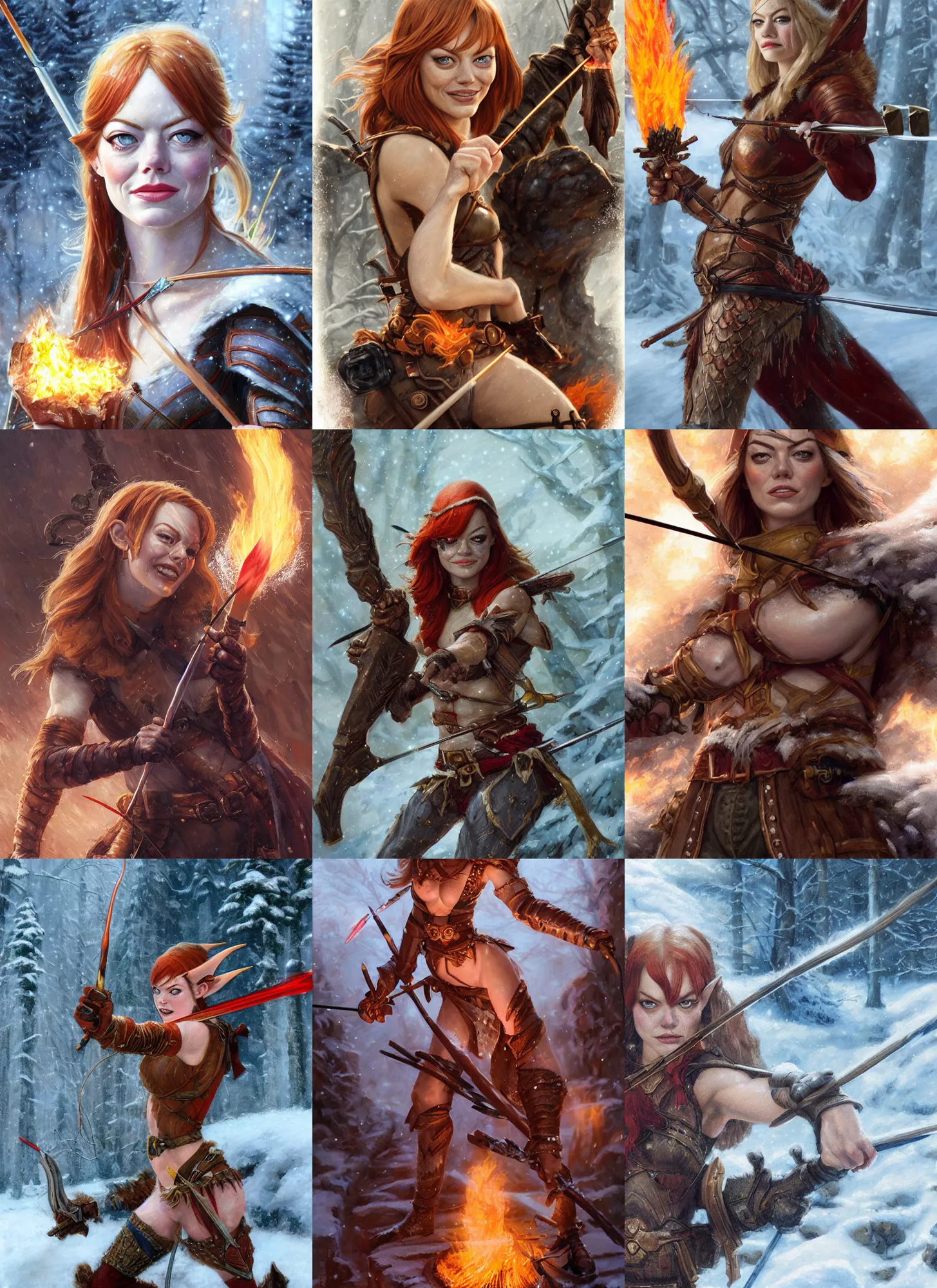 Prompt: close-up face portrait of Emma Stone as a muscled warrior elf shooting a flaming arrow with her huntsmen bow, snowy winter scene, Donato Giancola, Mark Brooks, Ralph Horsley, Charlie Bowater, Artgerm, Christopher Balaskas, Bastien Lecouffe-Deharme, Boris Vallejo