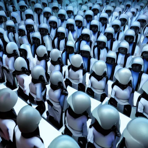 Image similar to troop of cloned women with white bob hairdos, tight light blue neopren suits, futuristic cloning facility, sci - fi, highly detailed, cinematic