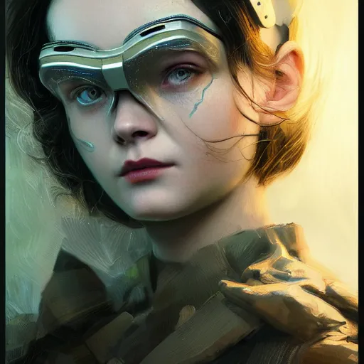 Prompt: head and shoulders portrait of modern darna, elle fanning in night vision goggles, intricate, elegant, dark vibes, highly detailed, digital painting, artstation, glamor pose, concept art, smooth, sharp focus, illustration, art by wlop, mars ravelo and greg rutkowski