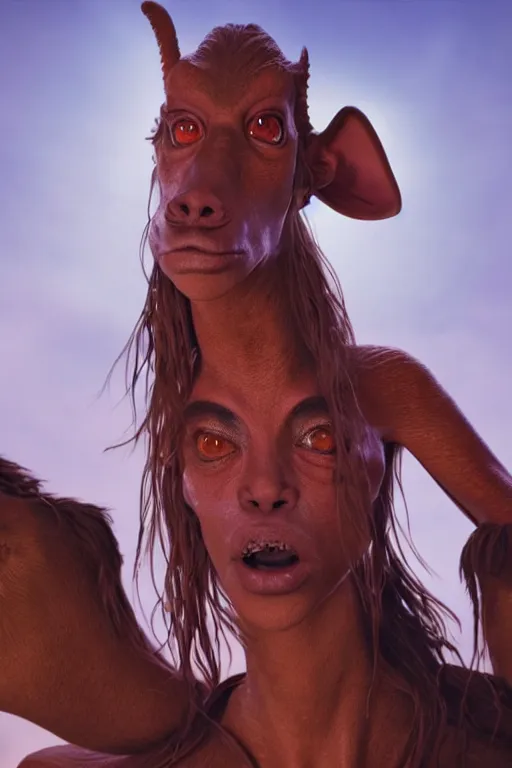 Prompt: film still of jar jar binks as a female cowgirl, long eyeslashes, big juicy lips, big seductive eyes, dramatic cinematic lighting, dolce & gabbana campaign, shot by mario testino, realistic vfx simulation, 4 k