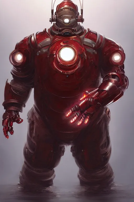 Image similar to Morbidly Obese Iron Man as a Big Daddy from Bioshock, intricate, elegant, highly detailed, digital painting, artstation, concept art, smooth, sharp focus, illustration, art by WlOP