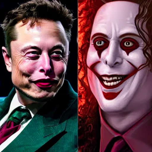 Image similar to elon musk as joker, long green curly hair, 8 k, highly detailed face