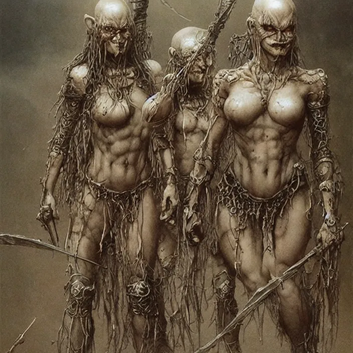 Image similar to bald barbarian girl figts goblins by Beksinski and Luis Royo