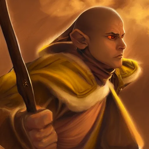 Image similar to Character portrait, face close up: Elf Male Monk/Ranger. Action pose wielding a spear. Shadow and Gloom. In the style of Ralph Horsley