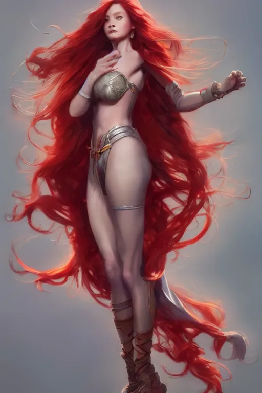 Image similar to beautiful cute red haired joyful and playful 1 9 year old maiden standing up, long hair, sci - fi, fantasy, intricate, elegant, digital painting, artstation, concept art, smooth, 8 k frostbite 3 engine, ultra detailed, art by artgerm and greg rutkowski and magali villeneuve