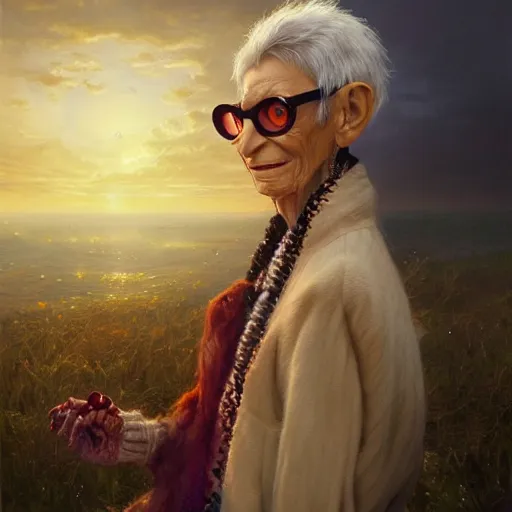 Prompt: portrait of iris apfel, sunset, gorgeous view, depth, painted by seb mckinnon, high detail, digital art, painted by greg rutkowski, trending on artstation