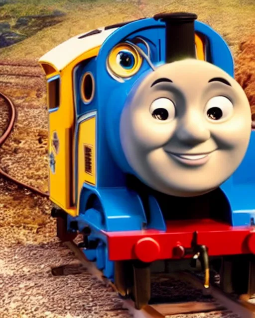 Prompt: Film still close-up shot of Dwayne Johnson as the Thomas the Tank Engine. Photographic, photography