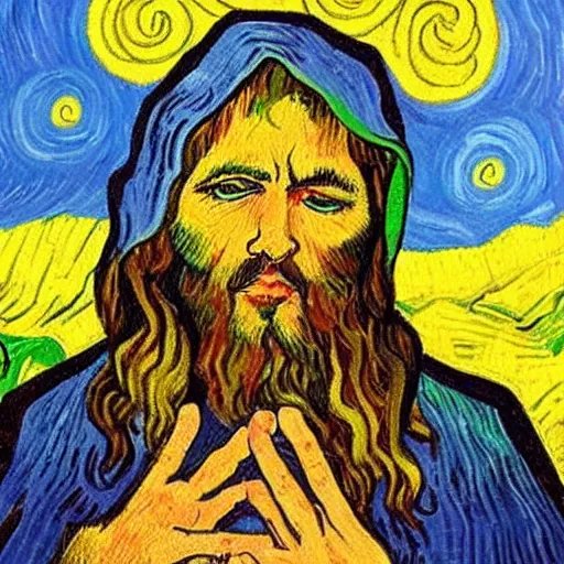 Image similar to jesus spreads his hands against the background of growing cannabis. an oil painting in the style of van gogh