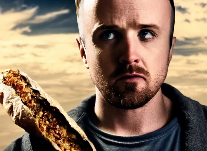 Prompt: photo of jesse pinkman from breaking bad eating a baguette, movie frame, cinematic composition, ultra detailed, sharp, breaking bad