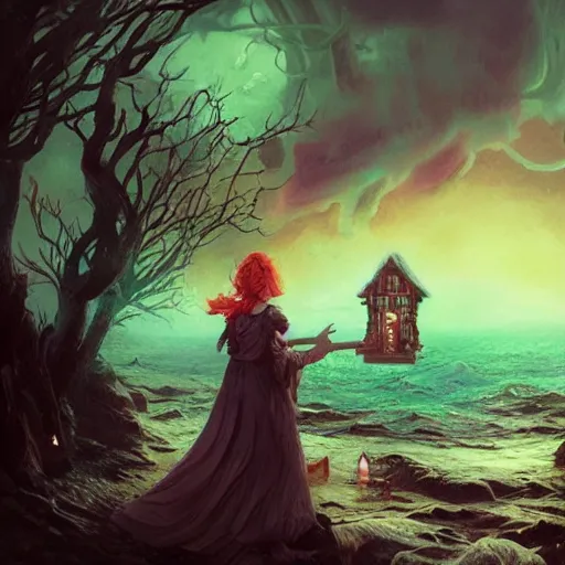 Image similar to a scary witch in front of a witch house made out of candy, floating on the ocean, epic scene, fantasy, cinematic, hyper - detailed, in the style of greg rutkowski