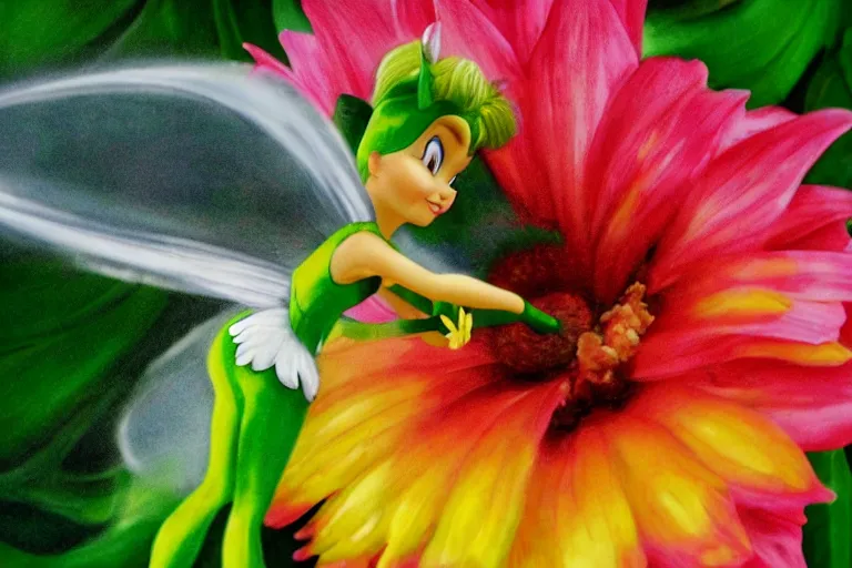 Image similar to Disney Tinkerbell kissing a big flower, hyper realism, macro shot