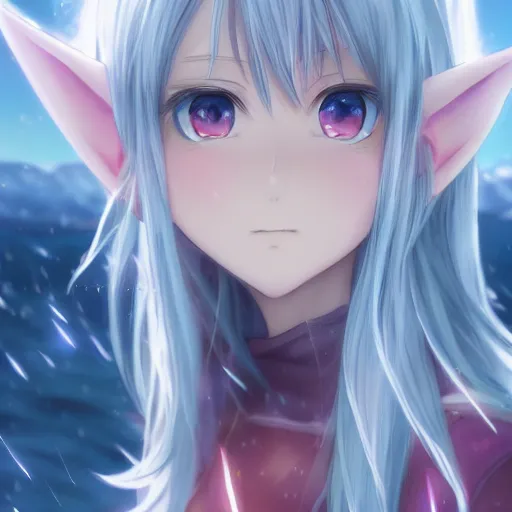 Image similar to a very beautiful anime elf girl, full body, long straight silver hair, sky blue eyes pointy ears, full round face, short smile, casual clothes, ice snowy lake setting, cinematic lightning, medium shot, mid-shot, highly detailed, trending on Artstation, Unreal Engine 4k, cinematic wallpaper by Stanley Artgerm Lau, WLOP, Rossdraws, James Jean, Andrei Riabovitchev, Marc Simonetti, and Sakimichan