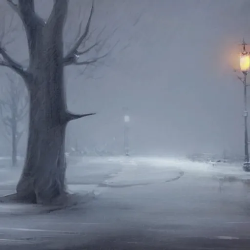 Image similar to a painting of a man wandering alone in a whiteout blizzard, Trending on artstation, by greg rutkowski and bob ross, theme of sadness and dispair.