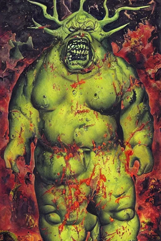 Prompt: surreal a hulking herculeanjohn candy as nurgle the unclean in a post apocalyptic hellscape, esoteric symbolism, intense emotional power, red yellow black, palette knife oil painting by peter booth and william blake