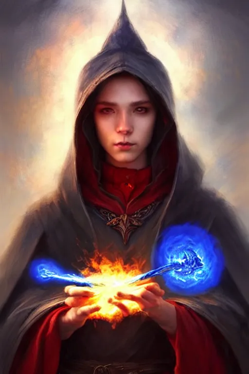 Image similar to Front portrait of mage hold a blue fire on right hand and red fire on the left hand, fine art, awesome fantasy book cover on Pinterest, award winning, dark fantasy landscape, fantasy magic, intricate, elegant, sharp focus, highly detailed, digital painting, concept art, art by WLOP and Artgerm and Greg Rutkowski, masterpiece, trending on artstation