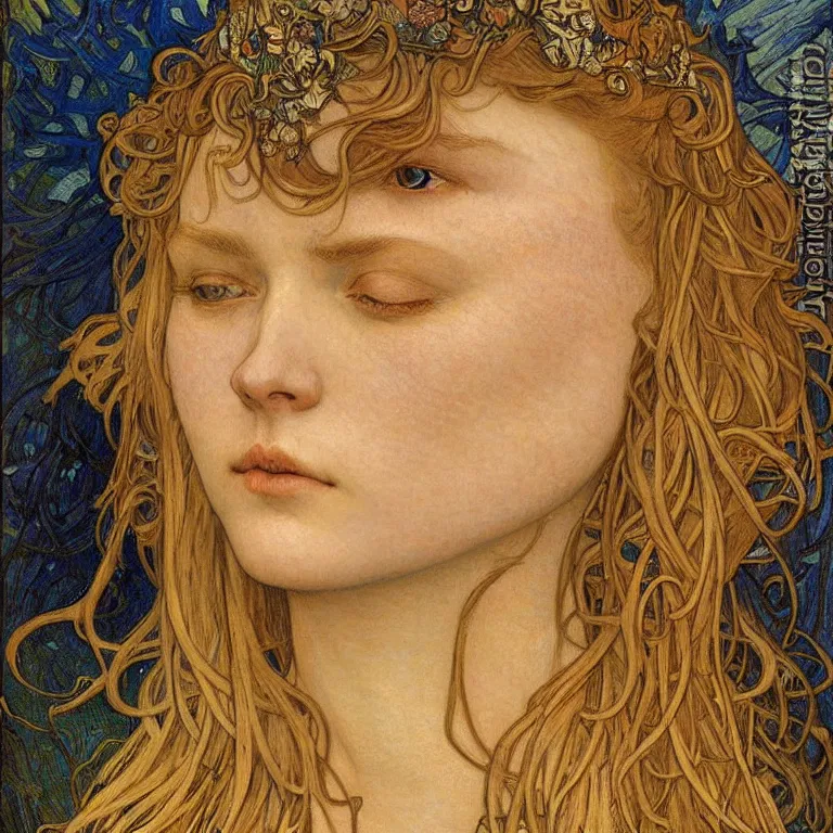 Image similar to detailed realistic beautiful young medieval queen face portrait by jean delville, alphonse mucha, vincent van gogh, and marco mazzoni, art nouveau, symbolist, visionary, gothic, pre - raphaelite