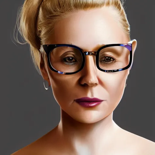 Image similar to middle aged beautiful french woman with blonde hair tied in a strict bun, spectacles, lots of makeup, arrogant, rich, expensive voluminous dress, character portrait, digital art, high quality, 8 k, detailed, d & d character,