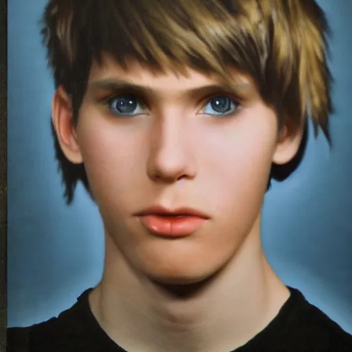 Prompt: A colored colorized real high school photograph portrait of Jerma as a teenager with an emo haircut and black shirt and acne, taken in the mid 2000s, taken on a 2000s Camera, realistic, hyperrealistic, very realistic, very very realistic, highly detailed, very detailed, extremely detailed, detailed, digital art, trending on artstation, headshot and bodyshot, detailed face, very detailed face, very detailed face, real, real world, in real life, realism, HD Quality, 8k resolution, intricate details, colorized photograph, colorized photon, body and headshot, body and head in view