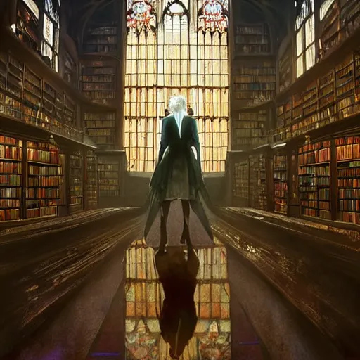 Prompt: a woman in a library. she is wearing a formal suit and searching for a book that does exist. light shines through stained glass windows. fantasy concept art. moody epic painting by james gurney, greg rutkowski, charlie bowater, maxim verehin and alphonso mucha. artstationhq. painting with vivid color. ( dragon age, witcher 3, lotr )