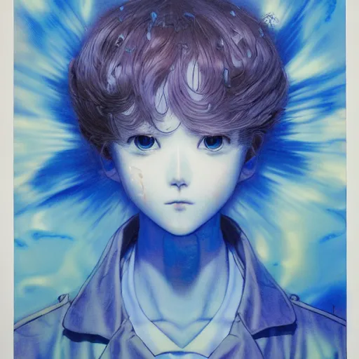 Image similar to prompt : blue portrait soft light painted by james jean and katsuhiro otomo, inspired by evangeleon anime, smooth face feature, intricate oil painting, high detail illustration, sharp high detail, manga and anime 1 9 9 0