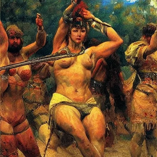 Prompt: muscular warrior women, reply of the zaporozhian cossacks, warrior women, art by ilya repin