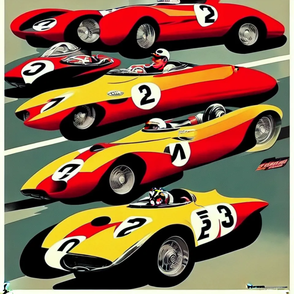 Image similar to a vintage car racing poster by alex ross