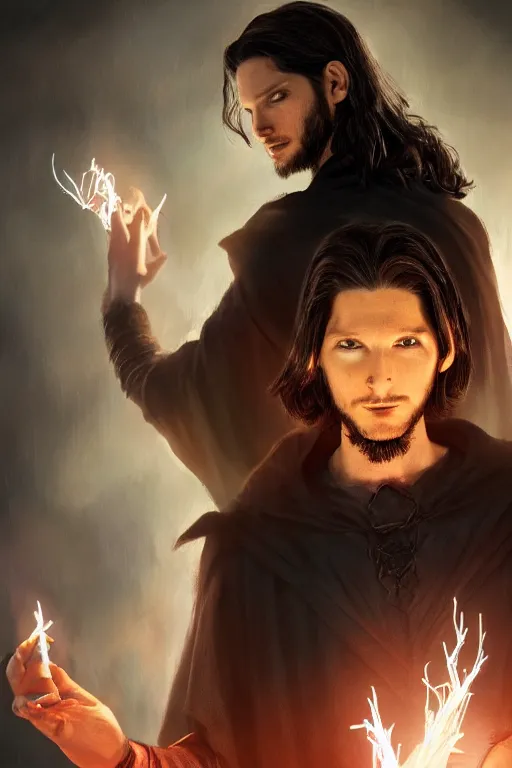 Prompt: Ben Barnes as a dark sorcerer, holding glowing magic before him in his hands, hair and cloak blowing in the wind, high detailed, hyper realistic, art station, 4k, 8k, atmosphere, cgstation