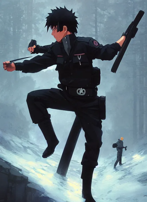 Image similar to highly detailed polish policeman fighting with katana wielding naruto uzumaki with black hair, fighting with polish policeman art by greg rutkowski, loish, rhads, ferdinand knab, makoto shinkai and lois van baarle, ilya kuvshinov, rossdraws, tom bagshaw, global illumination, radiant light, detailed and intricate environment