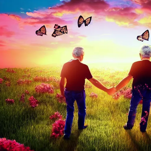 Prompt: Benjamin Netanyahu and Yair Lapid walking towards a vibrant sunset holding hands. Heart shaped clouds, butterflies floating in the sky, colorful flowers on the grass. Jet plane streaking over head in the distance, hyperrealistic, highly detailed, depth of field, High definition, 8k, octane render, artstation