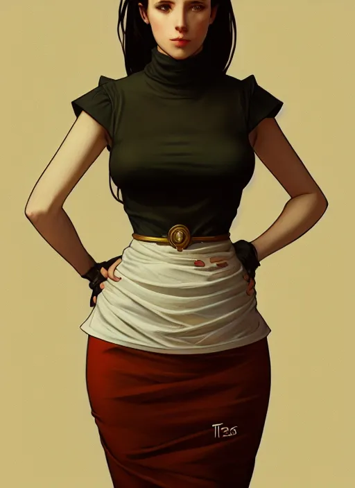 Image similar to portrait of a full body of beautiful young female secretary, d & d, sleeveless turtleneck, pencil skirt, fantasy, flat lighting, intricate, highly detailed, digital painting, artstation, concept art, smooth, sharp focus, illustration, art by simon bisley and greg rutkowski and alphonse mucha, natural tpose