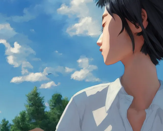 Image similar to teen looking at blue sky, wearing white shirt, back turned, looking up, illustration, by pine ( ハイネ ) and 薯 子 imoko and 香 川 悠 作 and wlop and maya takamura, highly detailed, trending artstation, pixiv, digital art