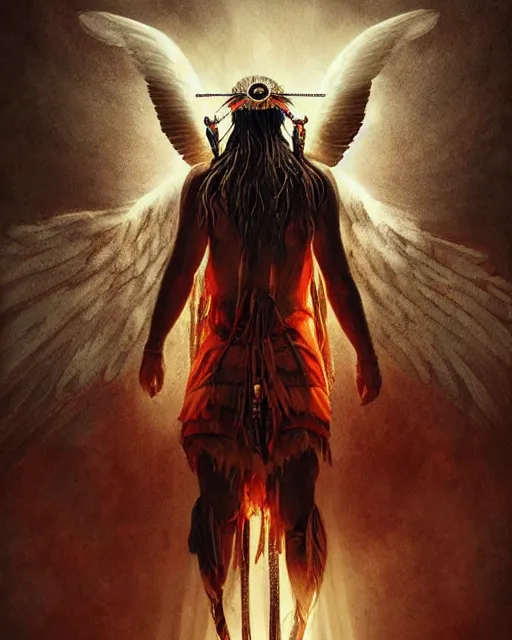 Prompt: an indigenous warrior with angelic wings, by tsuyoshi nagano, by greg rutkowski, dramatic lighting, blood, god rays, angelical, symmetrical, intricate, detailed, cinematic, masterpiece