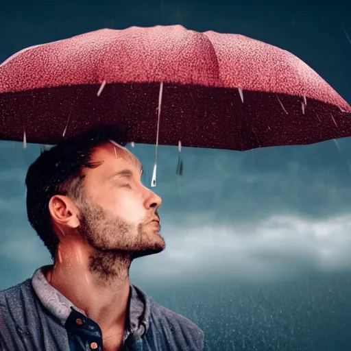 Prompt: a man standing in the rain looking up toward the sky pondering life realistic sad