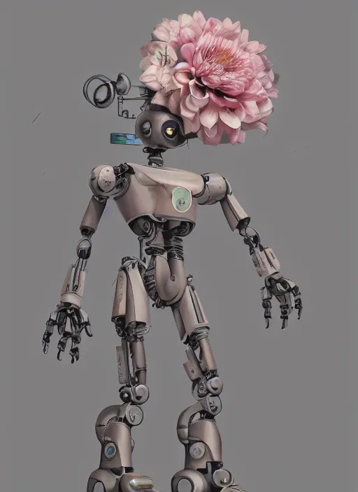 Image similar to detailed full body concept art illustration pastel painting of a robot holding a flower, ultra detailed, digital art, octane render, dystopian, micro detail, 4k