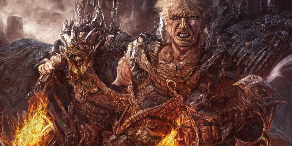 Prompt: hyperrealistic mixed media painting of Trump as a Diablo 2 character, stunning 3d render inspired art by P. Craig Russell and Barry Windsor-Smith, 8k octane beautifully detailed render, post-processing, extremely hyperdetailed, intricate, epic composition, grim yet sparkling atmosphere, cinematic lighting + masterpiece, trending on artstation, very detailed, masterpiece, stunning