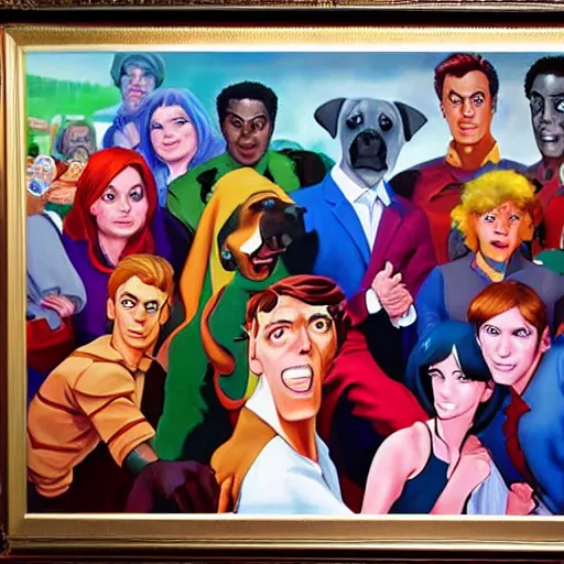 Image similar to an ultra - realistic portrait painting of scooby and the gang in the style of alex ross. 4 k. ultra - realistic. highly detailed. epic lighting.