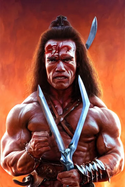 Prompt: Portrait of a Arnold Schwarzenegger as conan barbarian with a huge steel sword, elegant, photorealistic, highly detailed, artstation, smooth, sharp focus, blood ornaments, neon lighting, sci-fi, art by Klimt