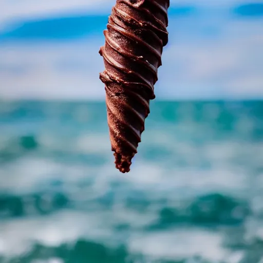 Image similar to a detailed photograph of a levitating chocolate-bacon swirl ice cream cone hovering over the ocean