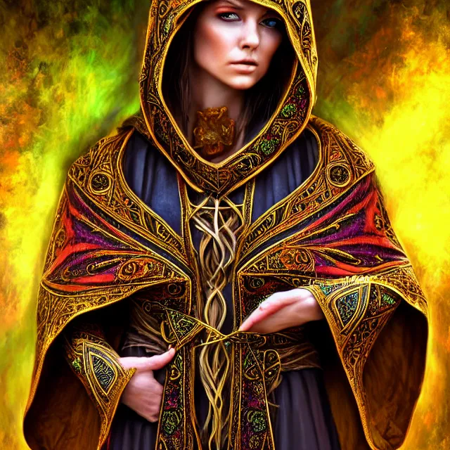 Prompt: beautiful druid ornate robes, highly detailed, 4 k, hdr, smooth, sharp focus, high resolution, award - winning photo, anne stokes, photorealistic, hyper realistic