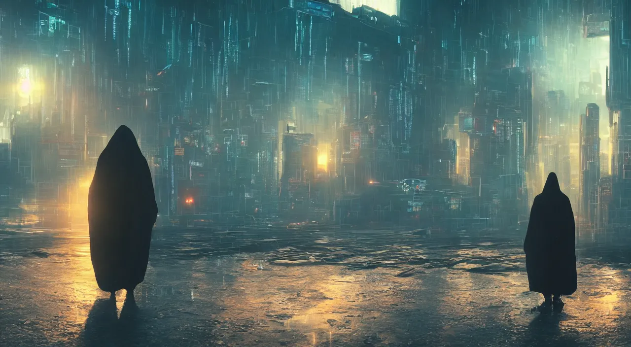 Image similar to a singular cloaked figure standing in the foreground of a cyberpunk landscape, synth, puddles, sunrise