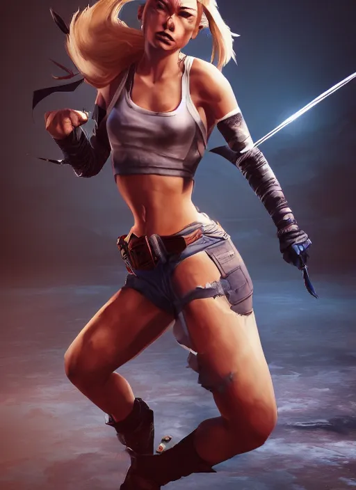 Image similar to An epic fantasy comic book style portrait painting of an athletic blonde female thief dancing, unreal 5, DAZ, hyperrealistic, octane render, cosplay, RPG portrait, dynamic lighting