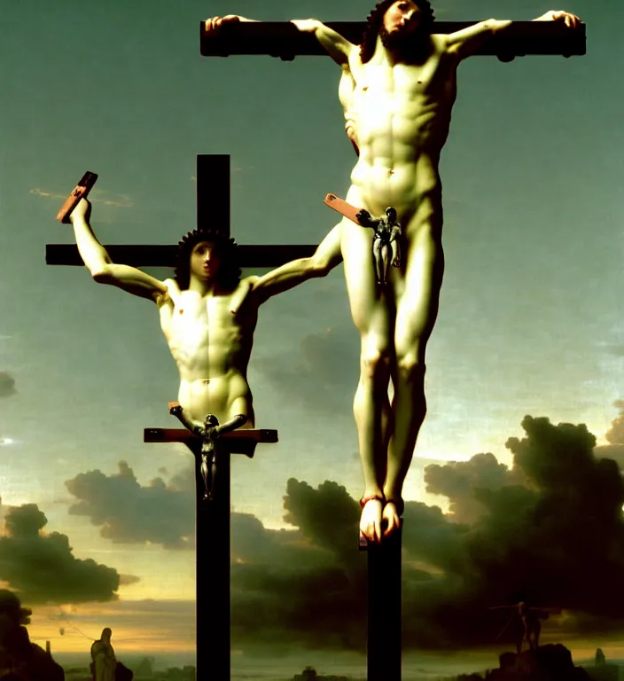 Image similar to detailed professional Renaissance photo of a cyborg-robotic-human crucified on the cross in a virtual reality vaporwave by Raphael Santi, William-Adolphe Bouguereau . still from a 2021 movie by Terrence Malick and Gaspar Noe, , 8k, photo, octane render