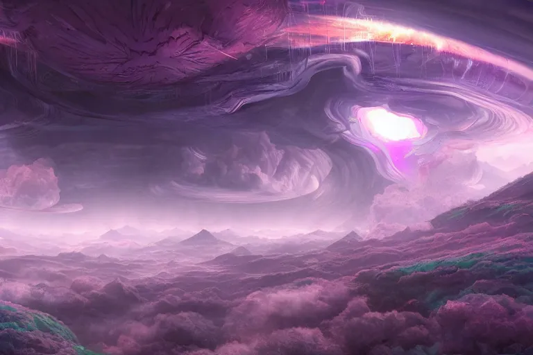 Image similar to a psychedelic realm with rolling plains made out of clouds, and torn rift in the sky that leads into another galaxy in another universe, in the style of wlop, illustration, epic, fantasy, hyper detailed, smooth, unreal engine, sharp focus, ray tracing