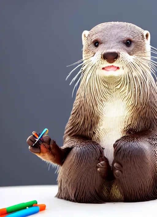 Prompt: cute otter holding a pencil at a desk